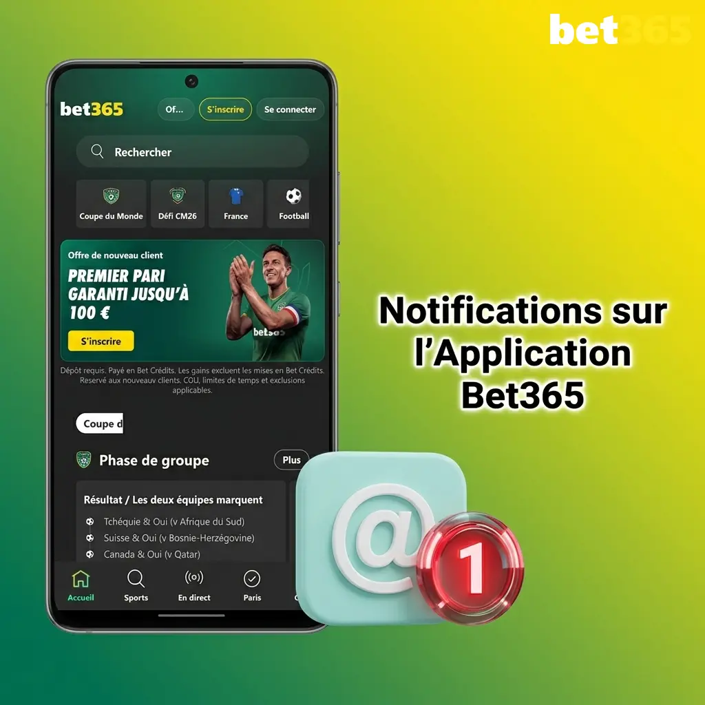 Notifications push Bet365 sur Android et iOS pour alertes paris, résultats et offres en temps réel