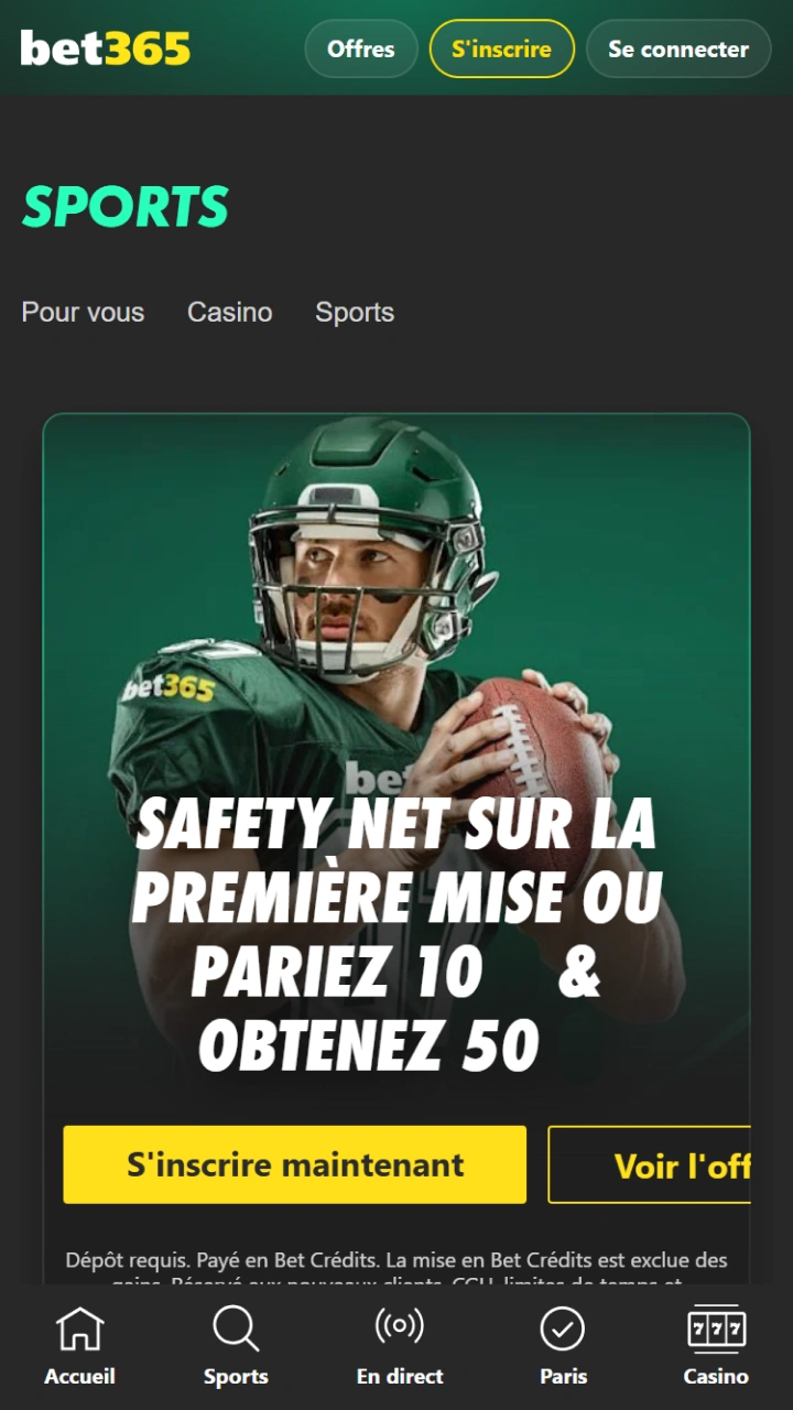 Profitez des offres spéciales et des paris gratuits sur un large éventail de sports chez Bet365.
