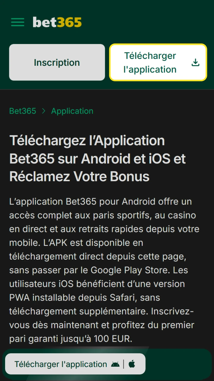 Cliquez sur le bouton de téléchargement pour installer l'application Android Bet365.