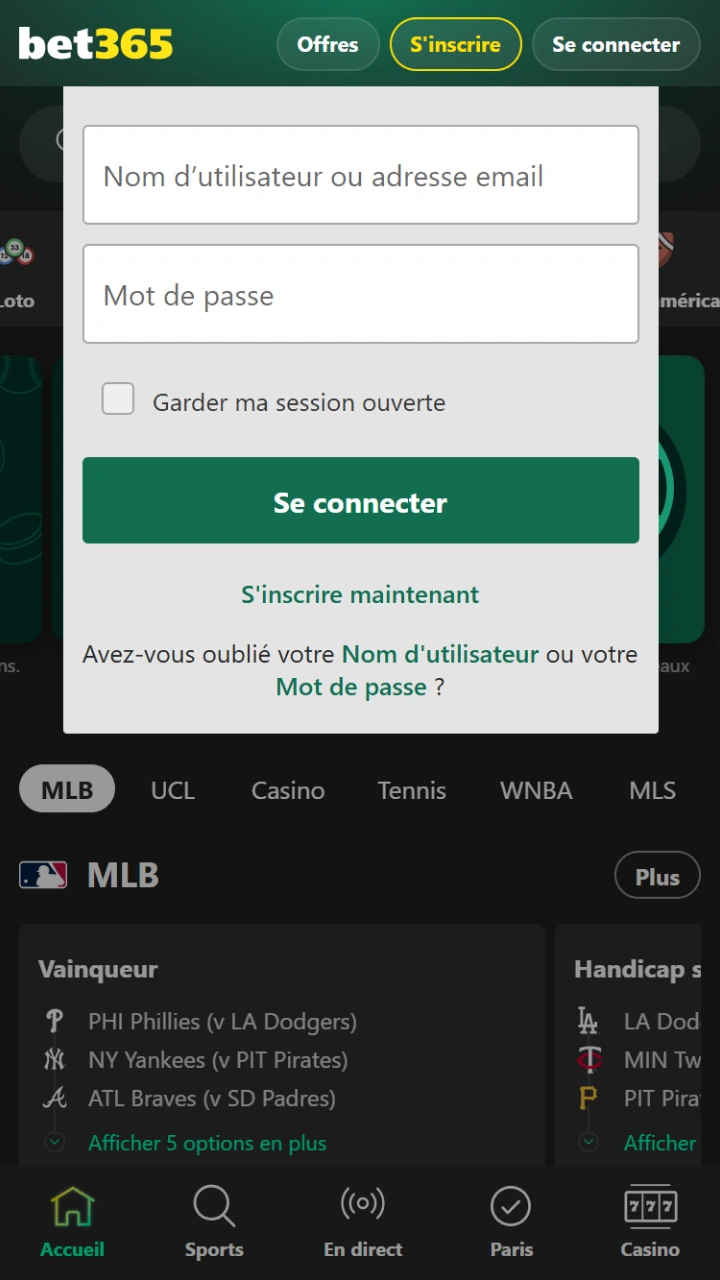 Connectez-vous à votre compte pour commencer à utiliser vos bonus Bet365.