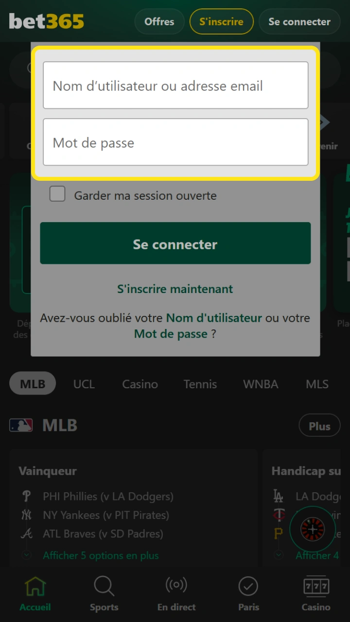 Il vous suffit de saisir vos identifiants de connexion pour accéder au monde passionnant des jeux Bet365.
